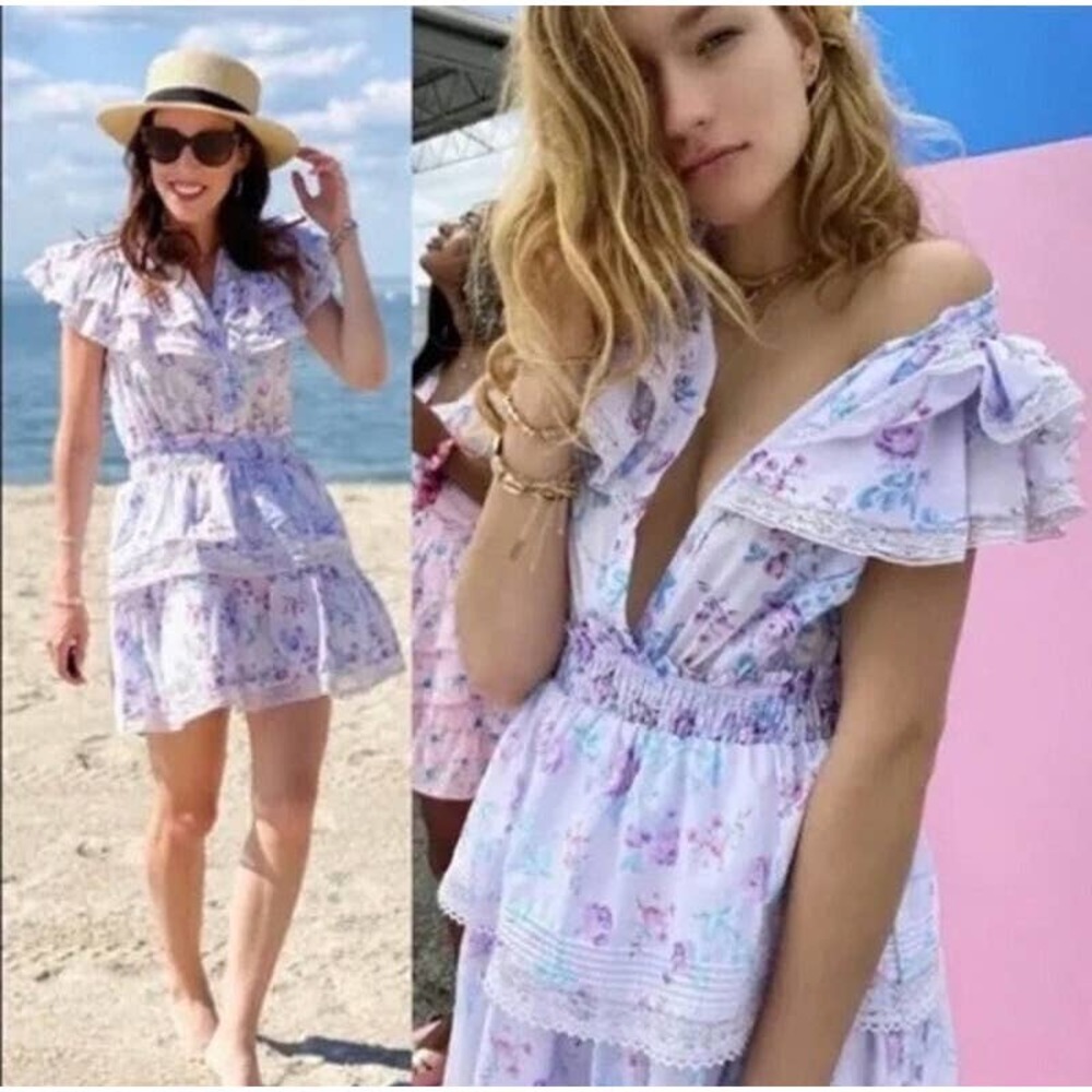 LoveShackFancy Floral Mini Dress in Lavender and White